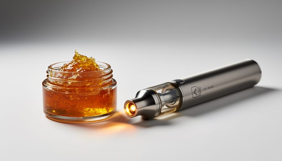 Close-up lifestyle scene of a vape pen next to a small vial of cannabis extract on a clean countertop.
