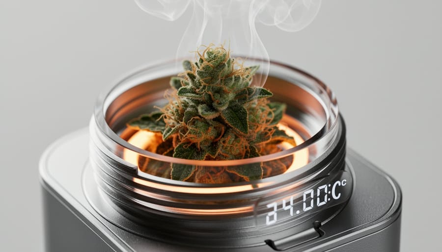 Close-up of cannabis flower inside a dry herb vaporizer heating chamber with a softly blurred setup in the background.