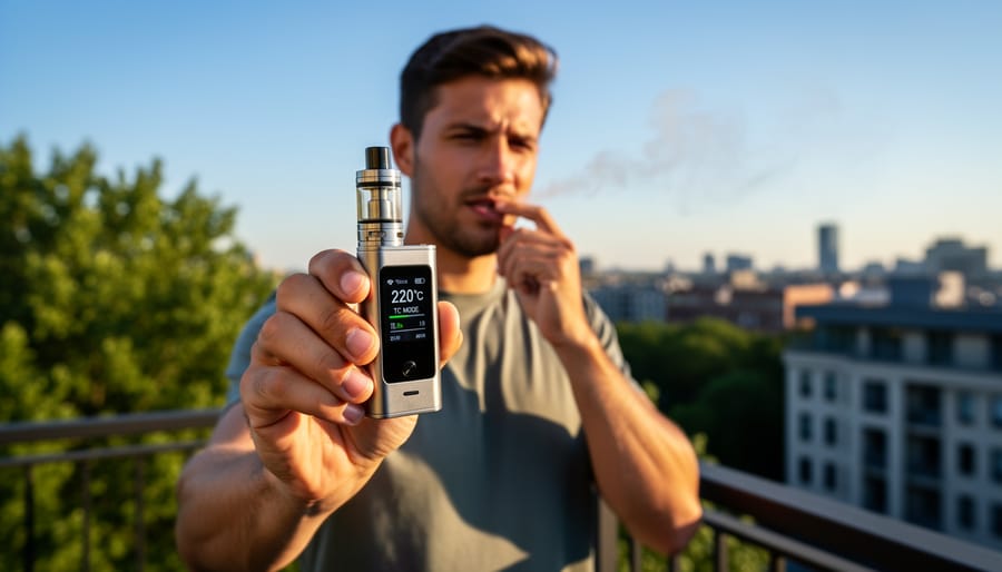 Person holding an adjustable vape device outdoors during dusk with blurred trees in the background.