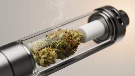 Close-up of cannabis flower inside a clear vape chamber with faint vapor and a warm heating element, illustrating THCa decarboxylation during vaping.